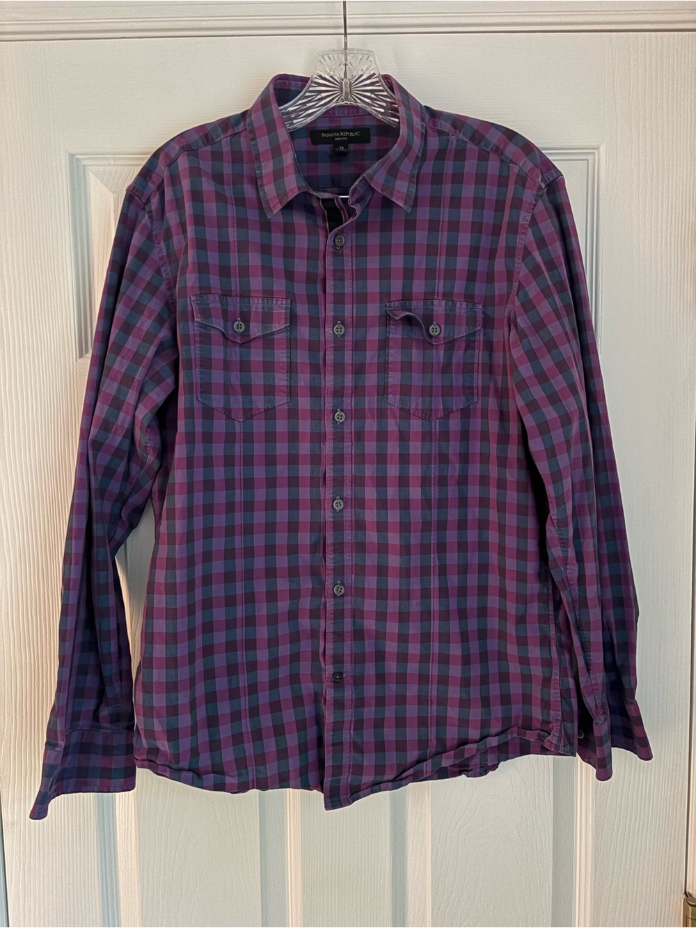 Banana Republic Men's Purple and Blue Plaid Button-Down Shirt